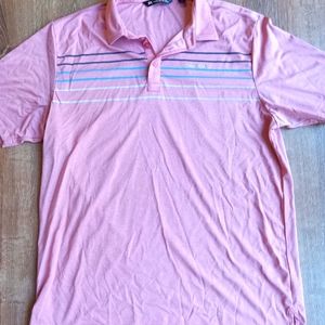 Travis Mathew Golf Polo Shirt Heathered pink with blue stripes XL